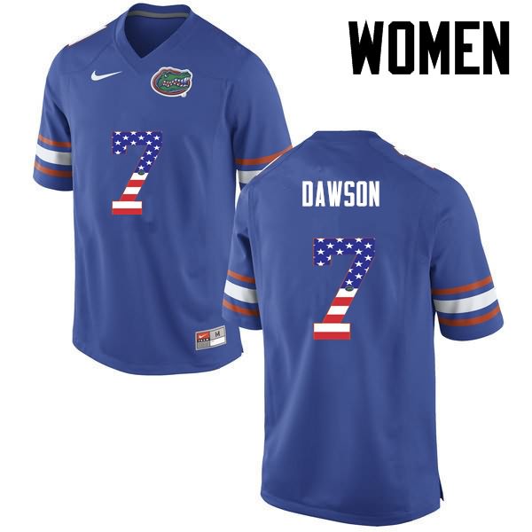 Women's NCAA Florida Gators Duke Dawson #7 Stitched Authentic USA Flag Fashion Nike Blue College Football Jersey GIS2665FI